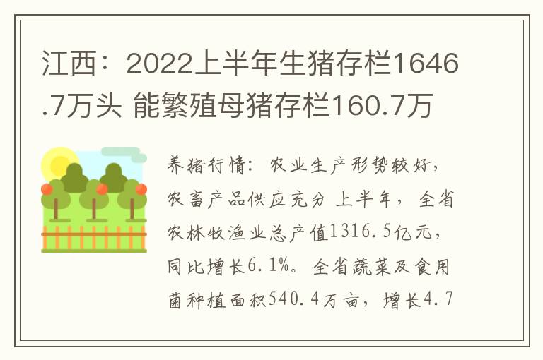 江西：2022上半年生猪存栏1646.7万头 能繁殖母猪存栏160.7万头