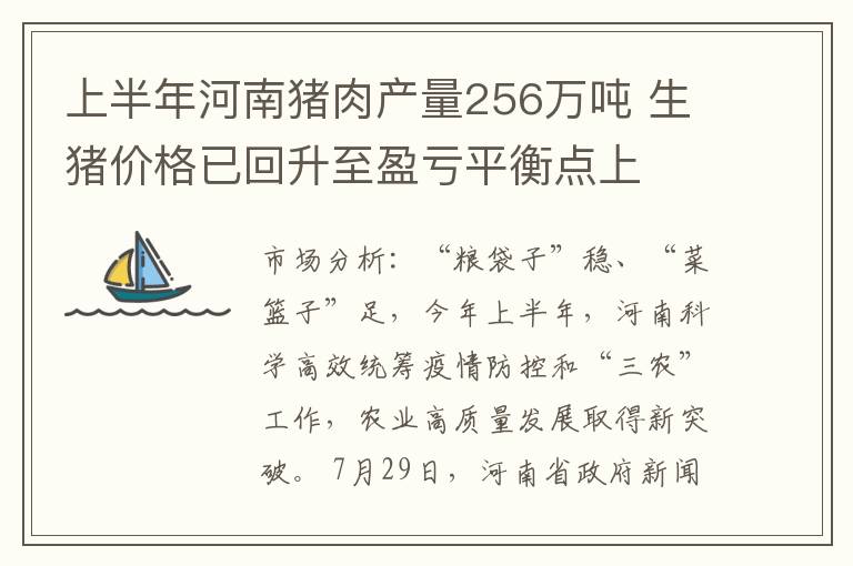 上半年河南猪肉产量256万吨 生猪价格已回升至盈亏平衡点上