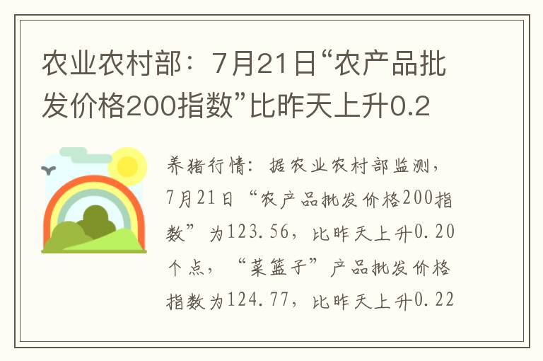 农业农村部：7月21日“农产品批发价格200指数”比昨天上升0.20个点