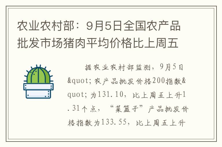 农业农村部：9月5日全国农产品批发市场猪肉平均价格比上周五上升1.