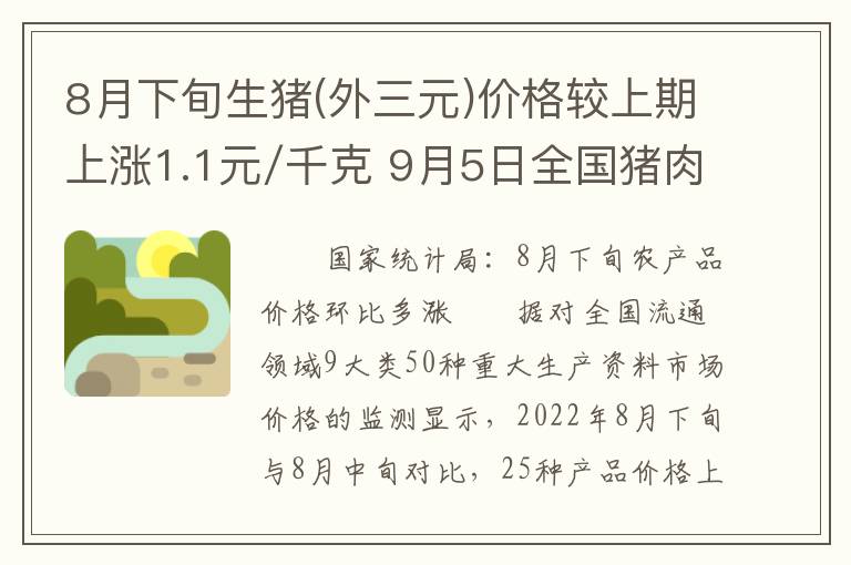 8月下旬生猪(外三元)价格较上期上涨1.1元/千克 9月5日全国猪肉平均