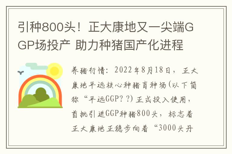 引种800头！正大康地又一尖端GGP场投产 助力种猪国产化进程