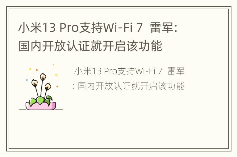 小米13 Pro支持Wi-Fi 7  雷军：国内开放认证就开启该功能