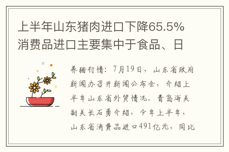 上半年山东猪肉进口下降65.5% 消费品进口主要集中于食品、日化用品