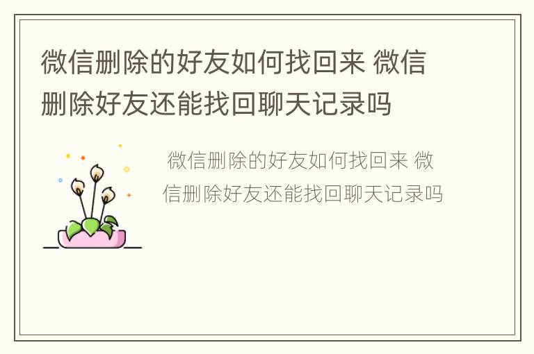 微信删除的好友如何找回来 微信删除好友还能找回聊天记录吗