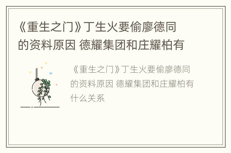 《重生之门》丁生火要偷廖德同的资料原因 德耀集团和庄耀柏有什么关系