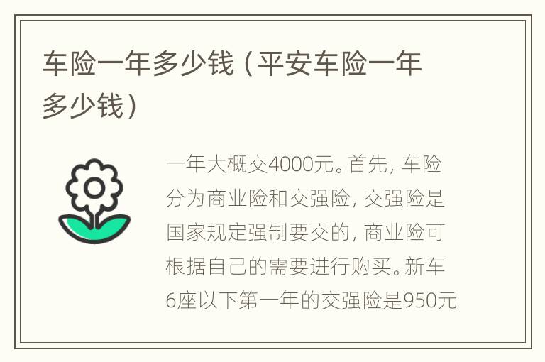 车险一年多少钱（平安车险一年多少钱）