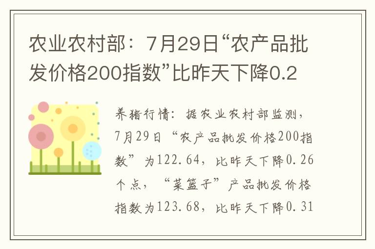 农业农村部：7月29日“农产品批发价格200指数”比昨天下降0.26个点