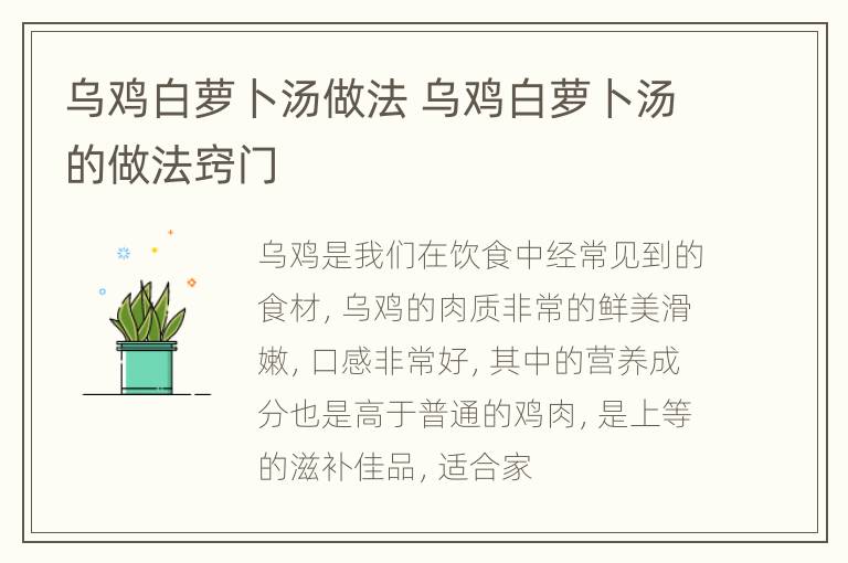 乌鸡白萝卜汤做法 乌鸡白萝卜汤的做法窍门