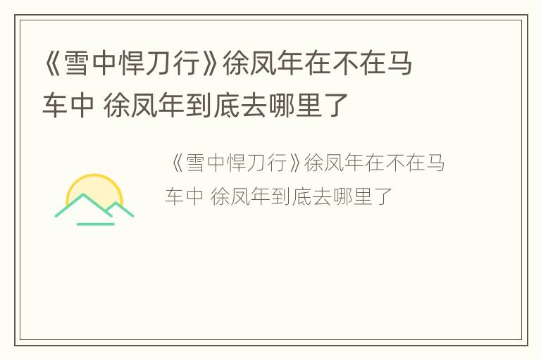 《雪中悍刀行》徐凤年在不在马车中 徐凤年到底去哪里了