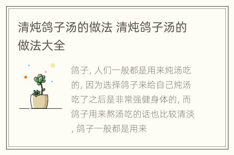 清炖鸽子汤的做法 清炖鸽子汤的做法大全