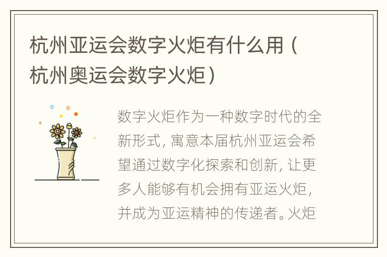 杭州亚运会数字火炬有什么用（杭州奥运会数字火炬）