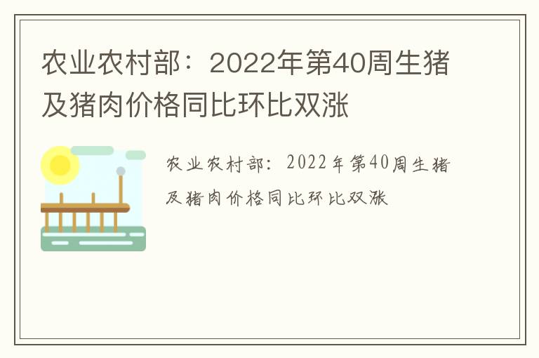 农业农村部：2022年第40周生猪及猪肉价格同比环比双涨
