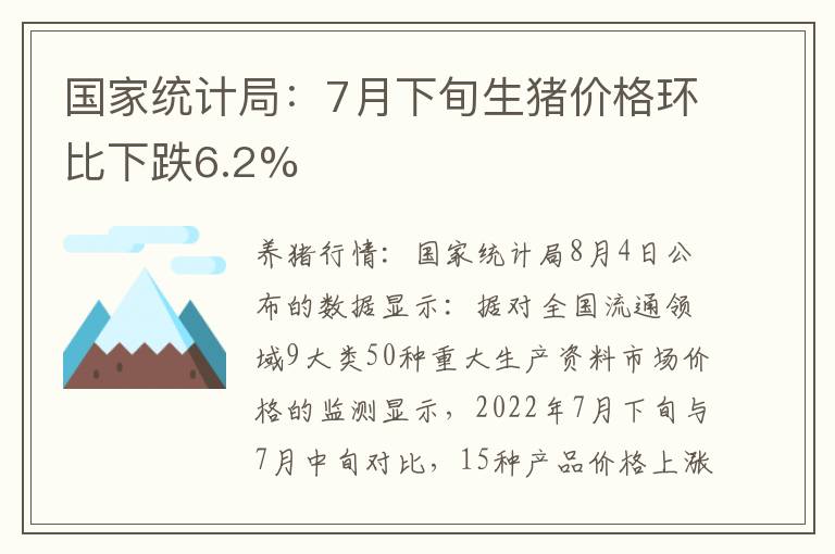 国家统计局：7月下旬生猪价格环比下跌6.2%